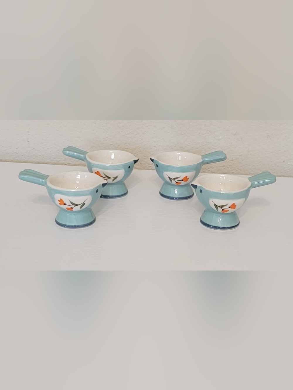 Set of 4 Blue Ceramic Bird Hard  Boiled Egg Holder with Orange Floral Detail
